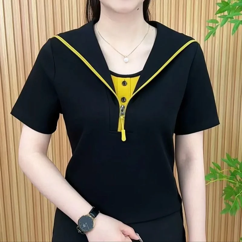 849黑色夏季时尚洋气纯色假两件拉链百搭遮肚子显瘦休闲短袖上衣