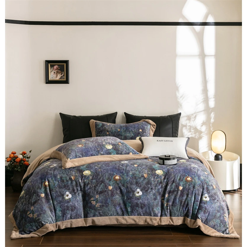 【晴美】高克重牛奶绒石墨烯自热绒印花四件套-莫奈花园-蓝绒