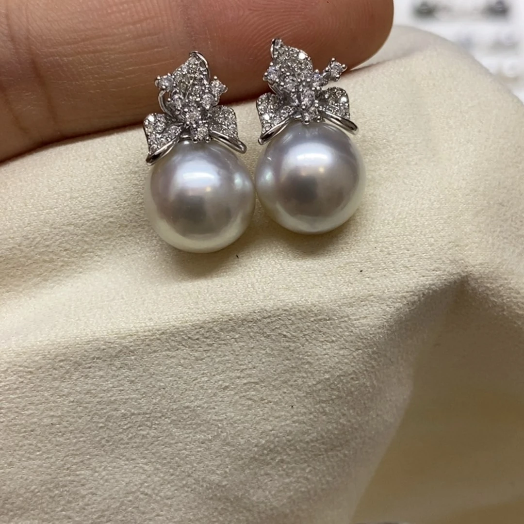 银S925镶嵌耳饰海水珍珠澳白耳饰11-12mm