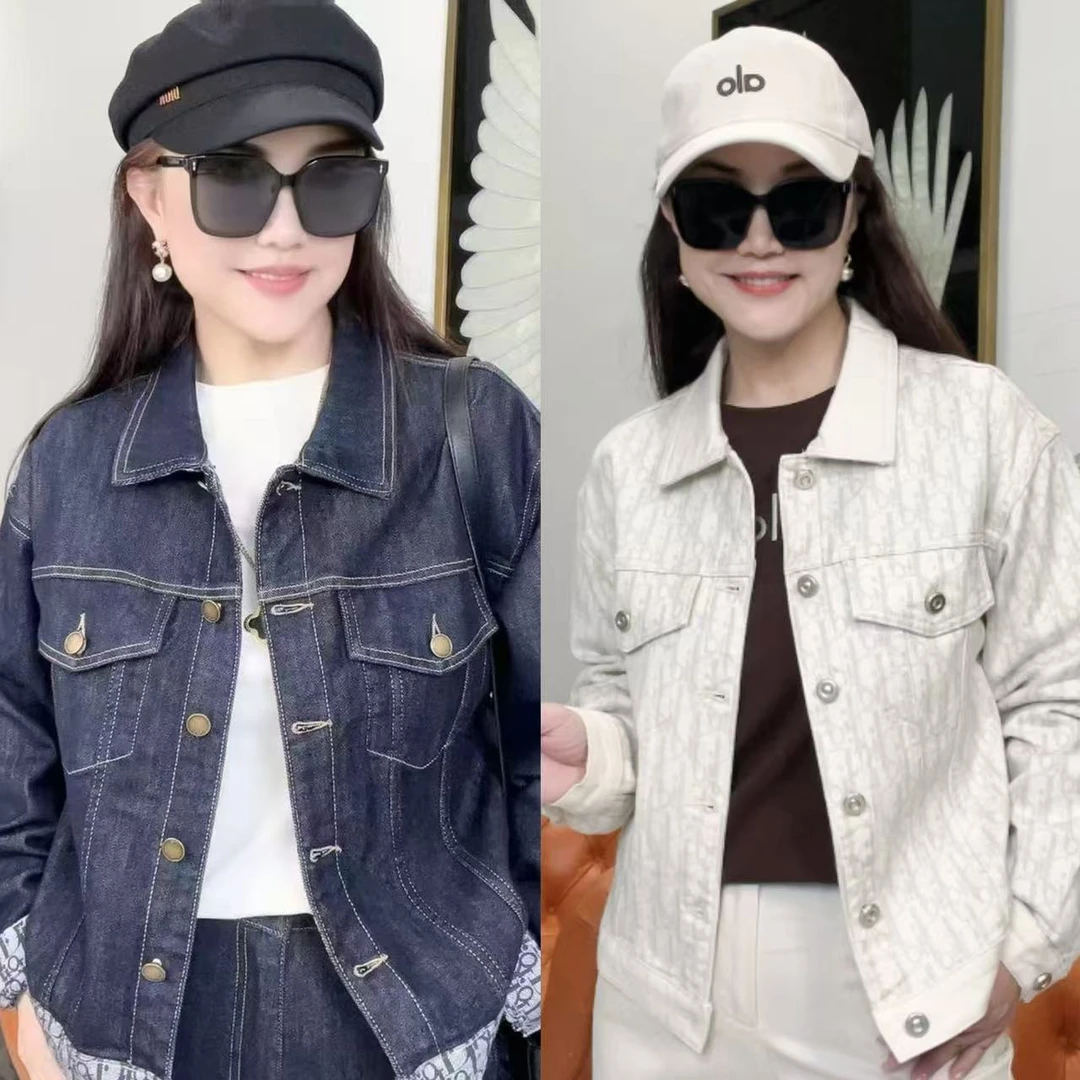 【薇姐粉丝] 秋季新款字母印花宽松休闲藏蓝色牛仔外套