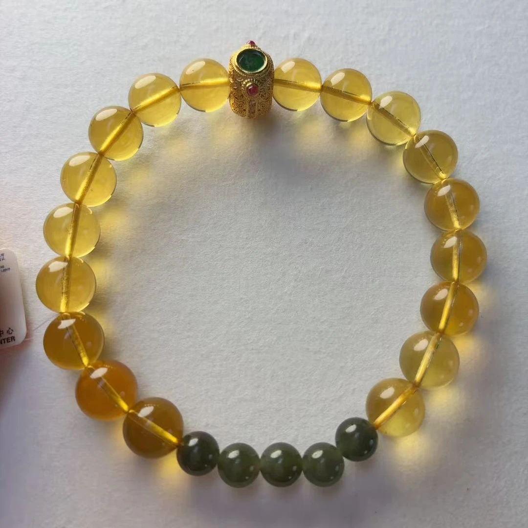 8mm天然墨西哥蓝珀设计款单圈手串 百搭招财旺事业 黄色珠串时尚