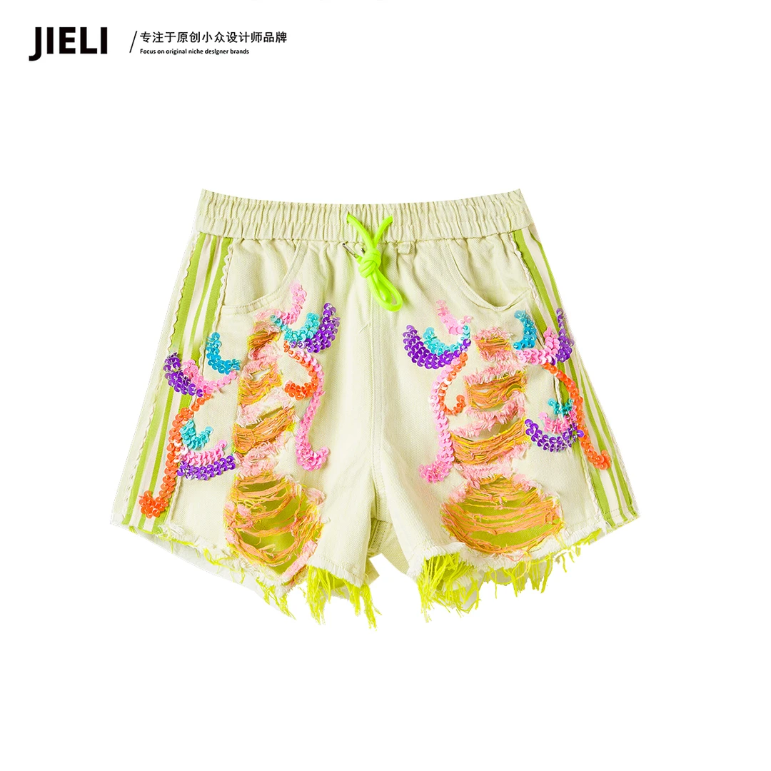 JIE LI/街力原创小众设计黄色牛仔短裤女W1025