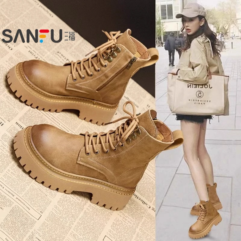 三福真皮马丁靴女款2025秋季新款短靴子英伦风厚底户外工装大黄靴