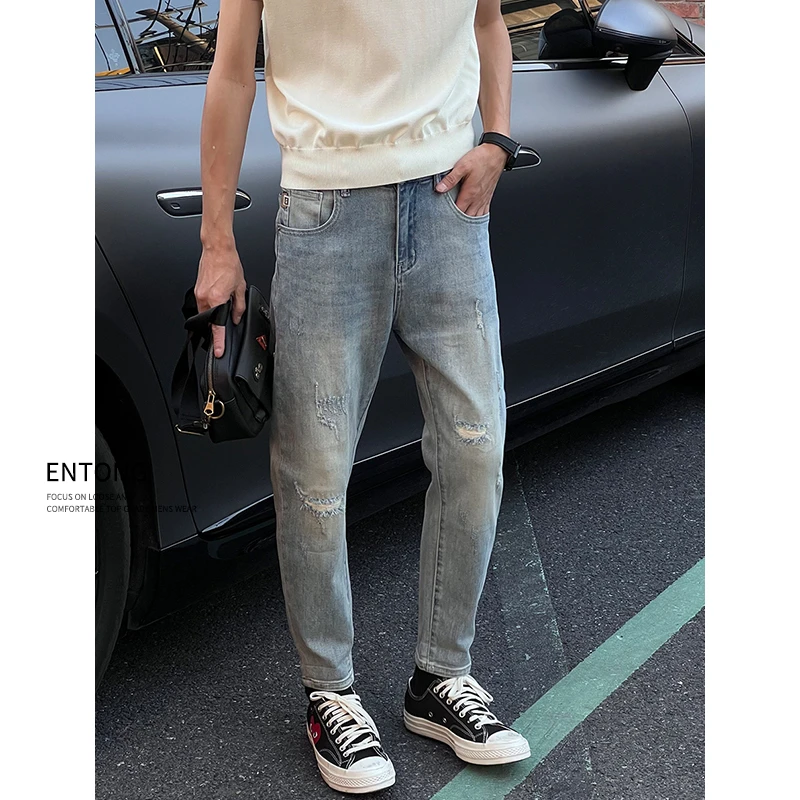 Entong美式潮牌微宽松夏季水洗破洞九分牛仔裤男生显瘦直筒长裤子