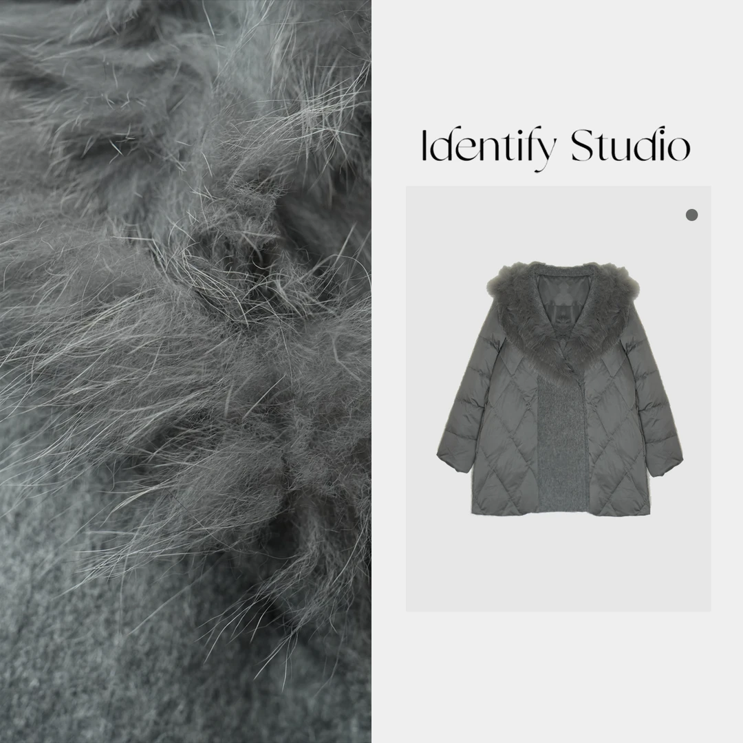 IDENTIFY香香“毛领针织拼接菱格外套”秋冬休闲百搭外套24AW