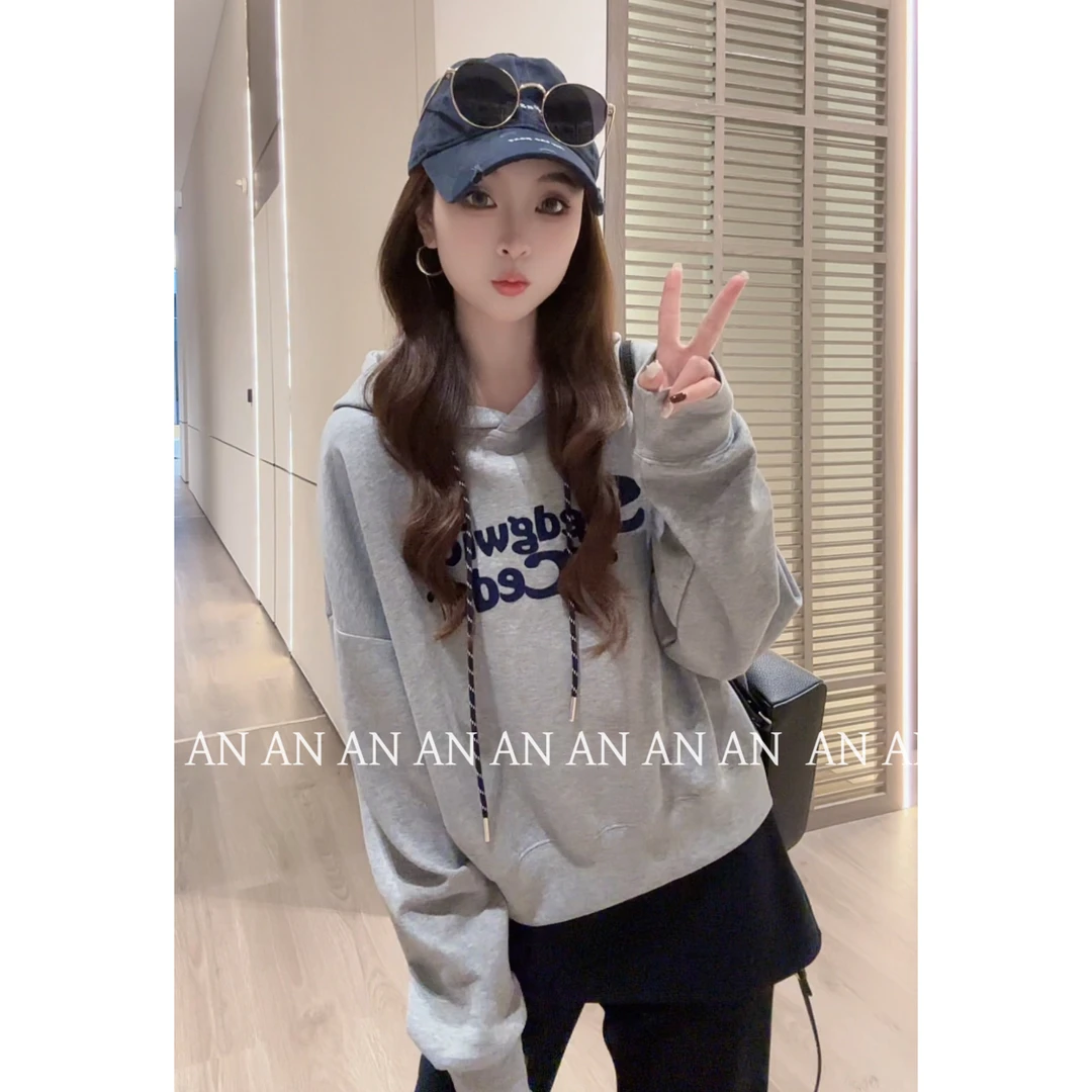 C09114秋季美式减龄百搭宽松小个子小众设计套头连帽字母卫衣