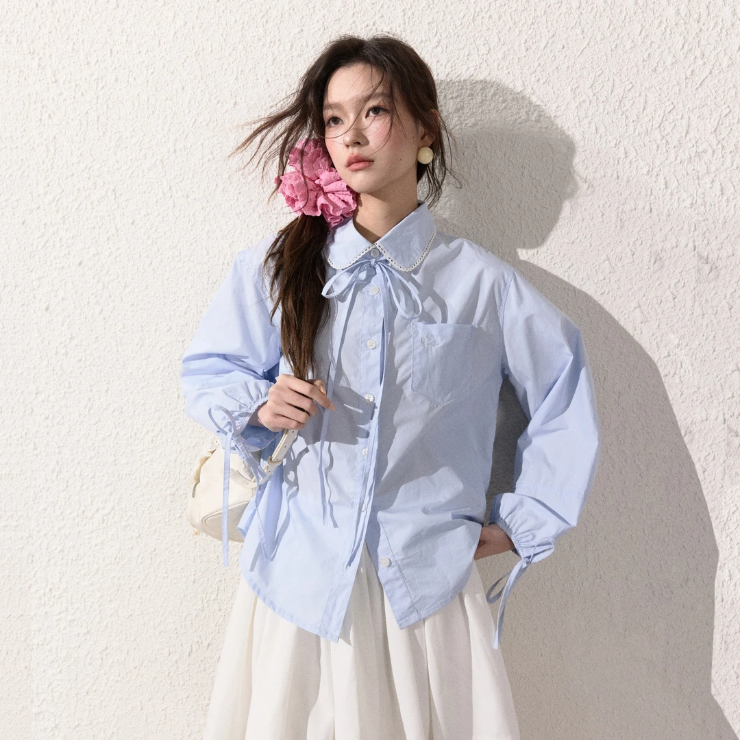 NEOTCG春季薄款长袖蕾丝花边绑带衬衫女上衣2025新款MIU系衬衣