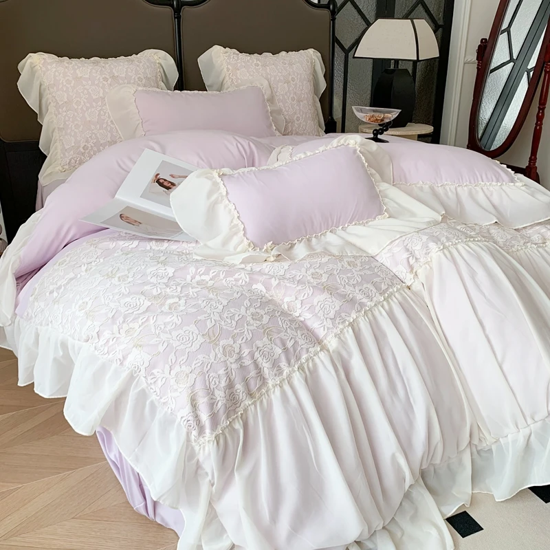 轻奢小香风四件套公主风被套仙女柔软蕾丝雪纺花边床上用品