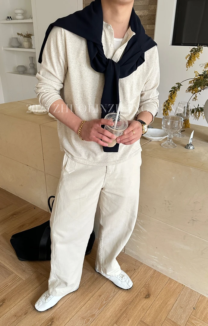 ZHUOLINZHANG / 风超细天丝麻混纺立裁合身肉感亨利领长袖Polo衫