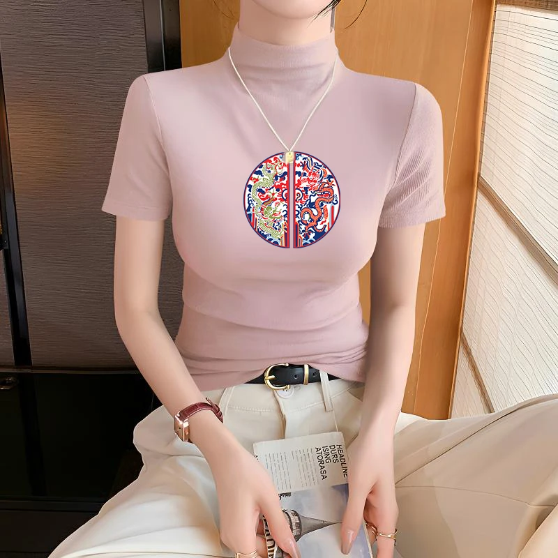 莫代尔新中式短袖t恤女夏季冰丝薄款中领上衣紧身半袖面膜打底衫