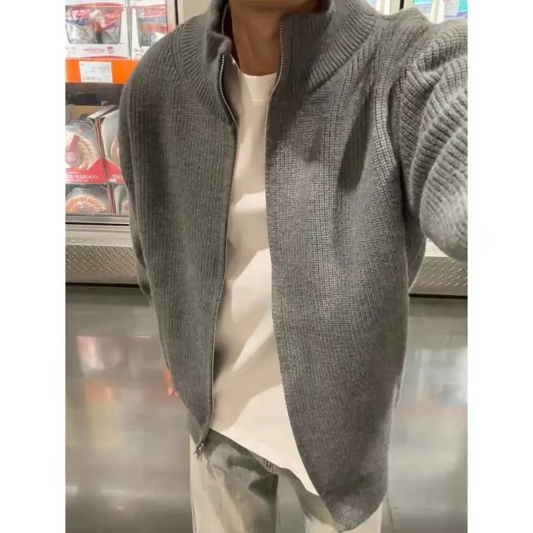 慵懒风毛衣男秋冬设计感双拉链开衫外套美式休闲cleanfit针织衫男