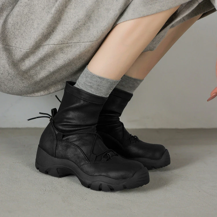 5cm跟休闲运动风马丁靴小个子定制显瘦弹力秋季厚底增高短靴