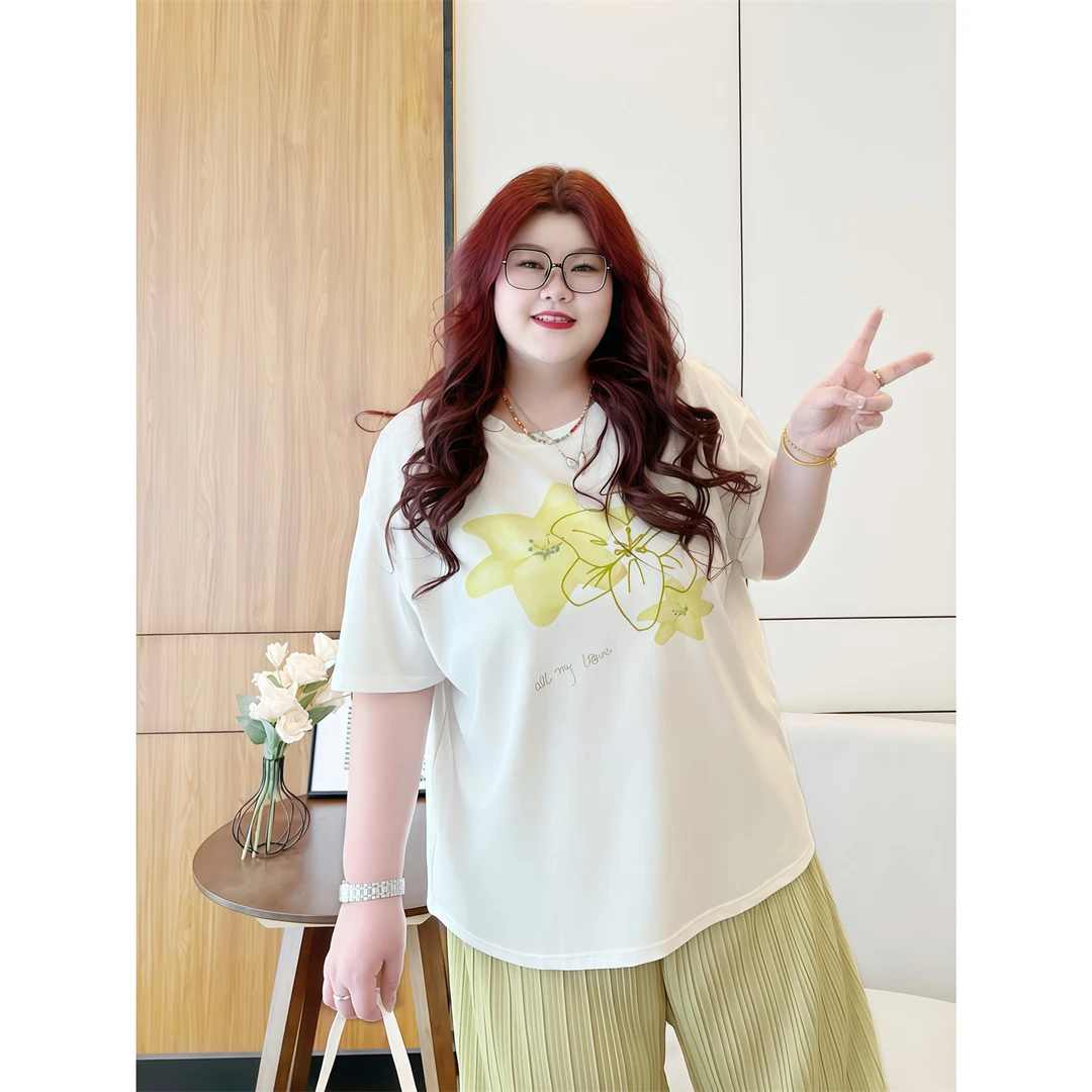 大码女装夏季时尚百搭花契200斤胖mm冰氧棉亲肤印花短袖T恤14882