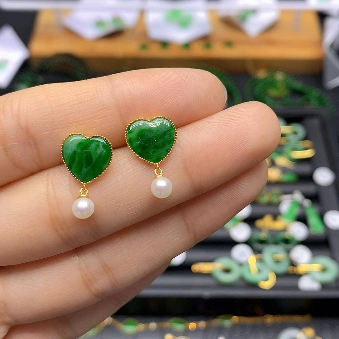 翡翠耳饰18K金镶嵌天然翡翠