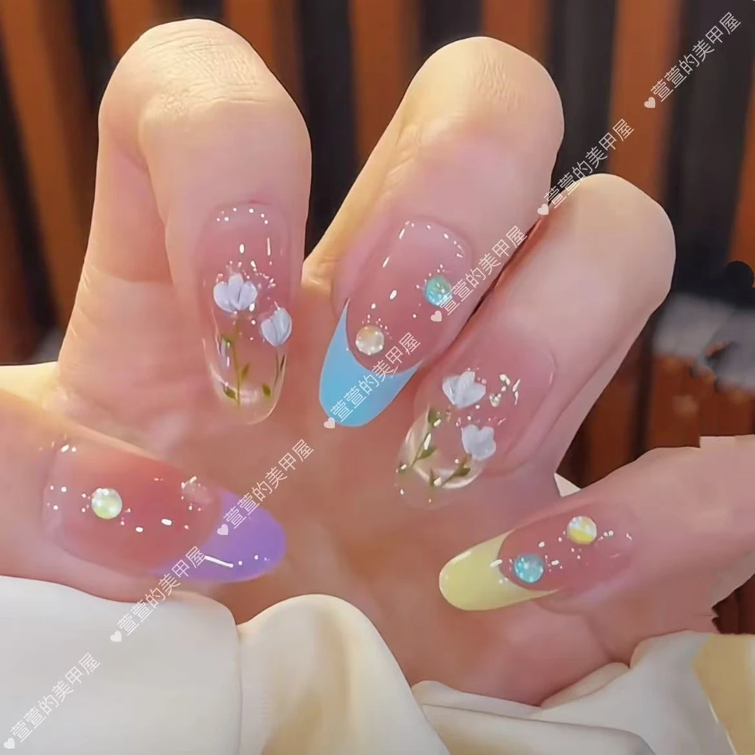 多巴胺郁金香纯手工光疗美甲贴果冻贴片指甲穿戴甲简约梯形重复