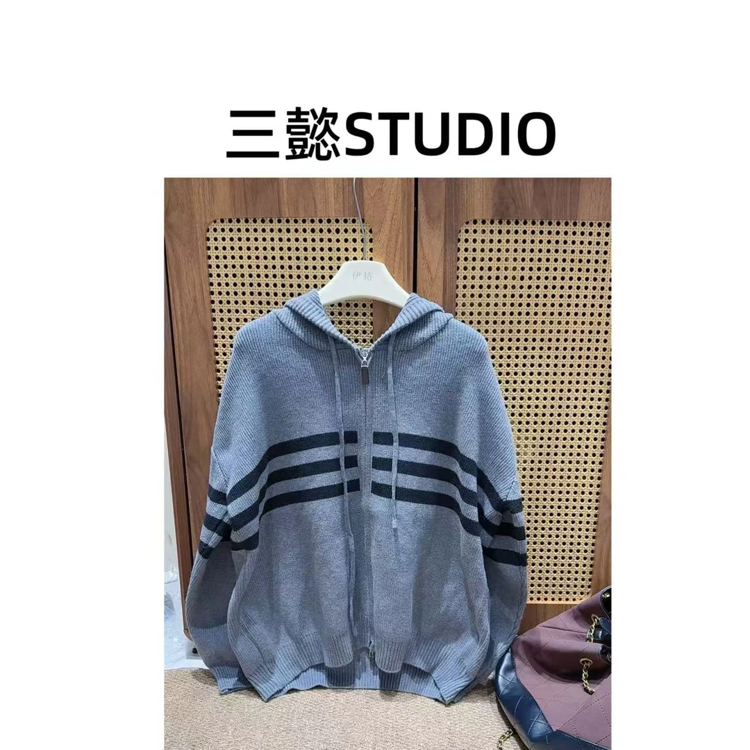 【三懿服饰】秋季新款韩版条纹开衫长袖连帽毛衣百搭小众针织衫1314