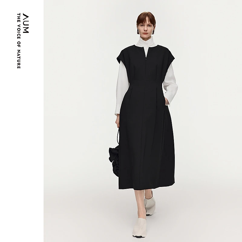 【商场同款】AUM噢姆春季新款V领盖袖收腰连衣裙黑色长裙M1GB10746