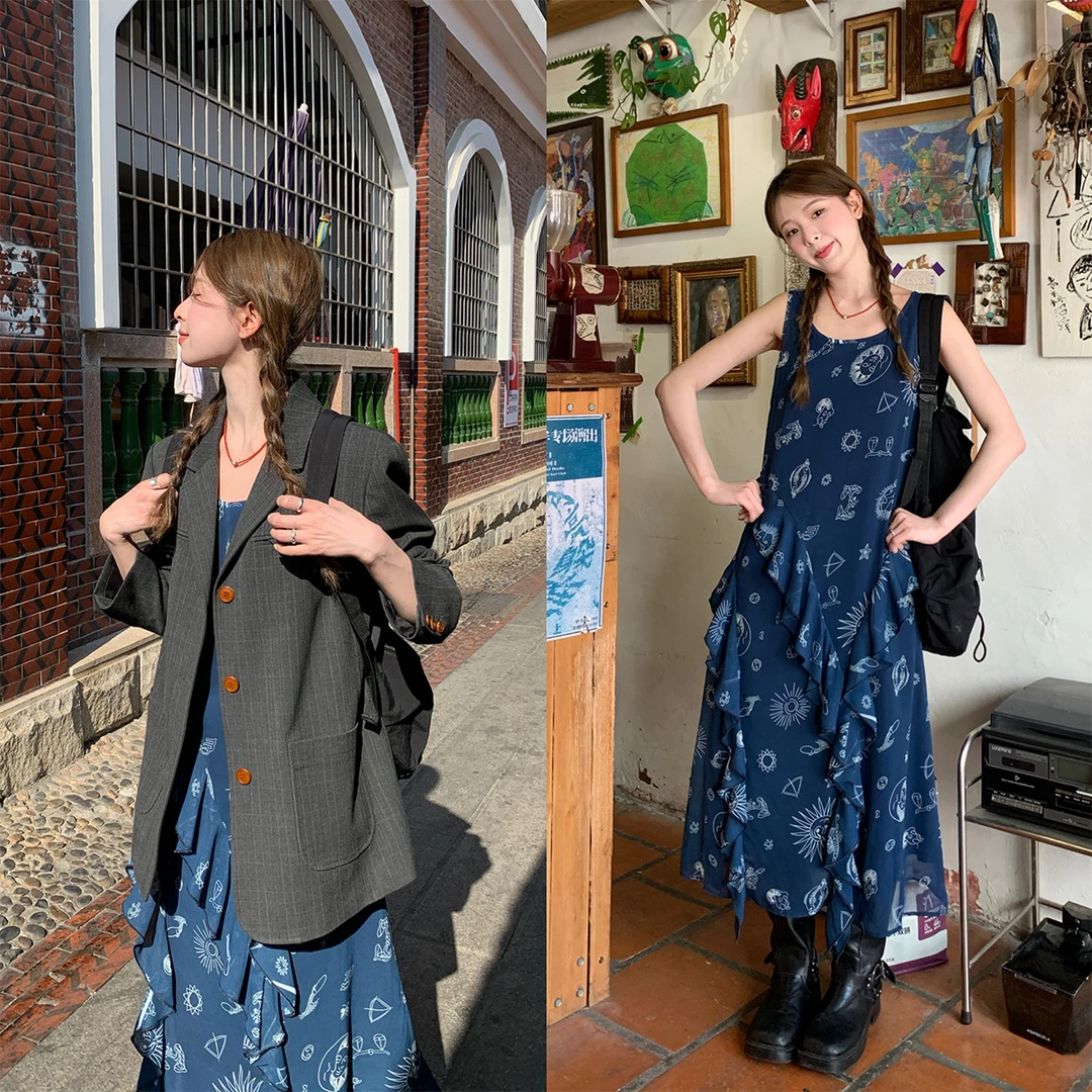 RAINY法式雪纺不规则荷叶边连衣裙春秋女复古度假内搭中长款裙子