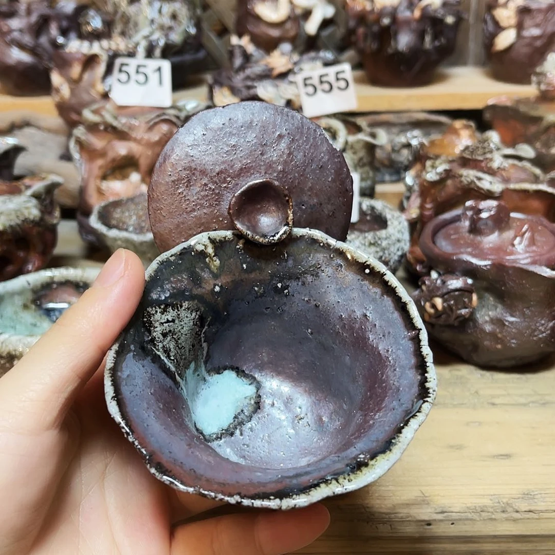 杯柴烧粗陶手捏盖碗微瑕