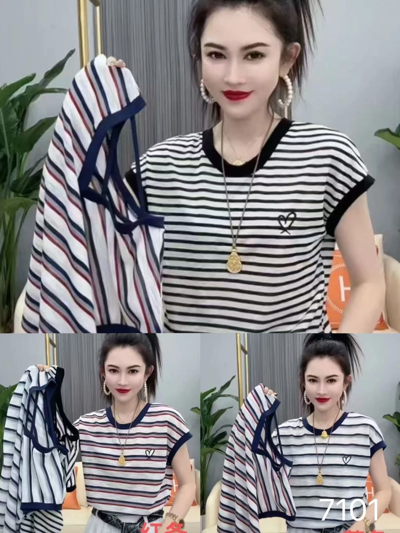 7091-C-条纹冰感条纹显瘦大码半袖衫