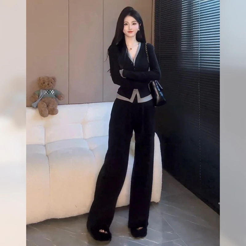 休闲慵懒风套装女2025春季假两件开衫上衣胖MM高腰阔腿裤子两件套