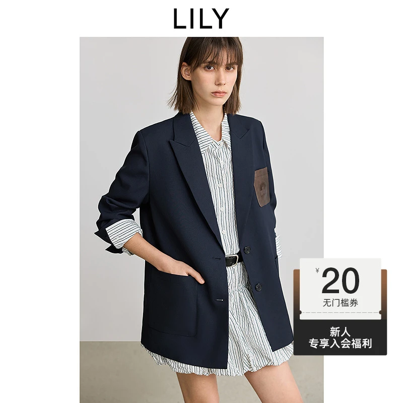 LILY2025春新款学院风戗驳领百搭通勤黑色西装外套女125129C2902