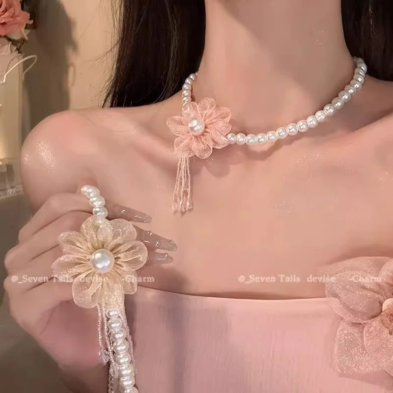 非金属树脂吊坠 超仙花朵女款气质流苏锁骨链轻奢小众设计感颈链