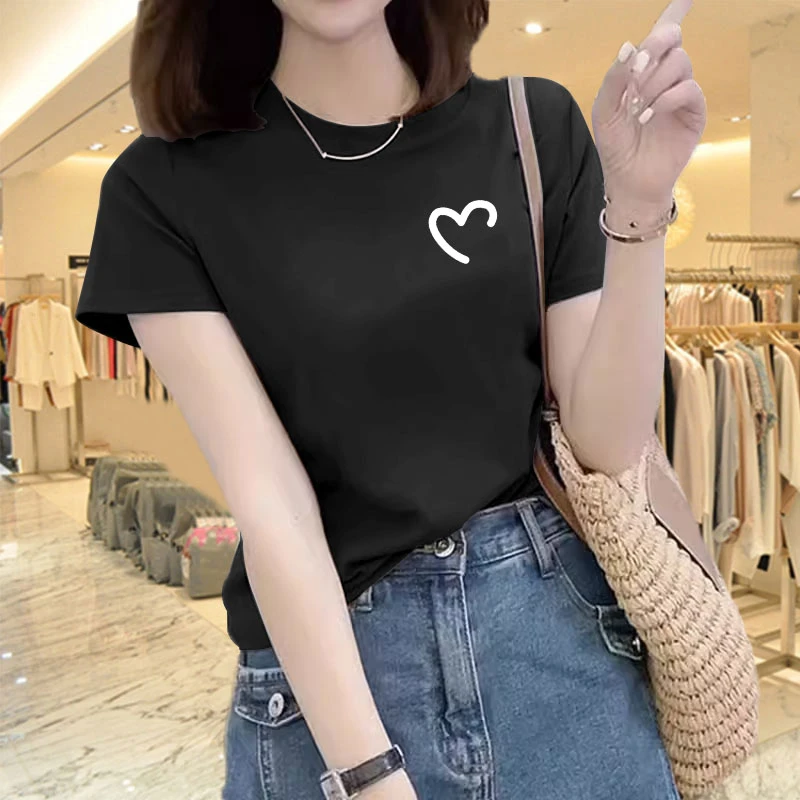 正肩短袖t恤女2025新款夏季白色百搭宽松纯棉圆领高端潮牌ins上衣