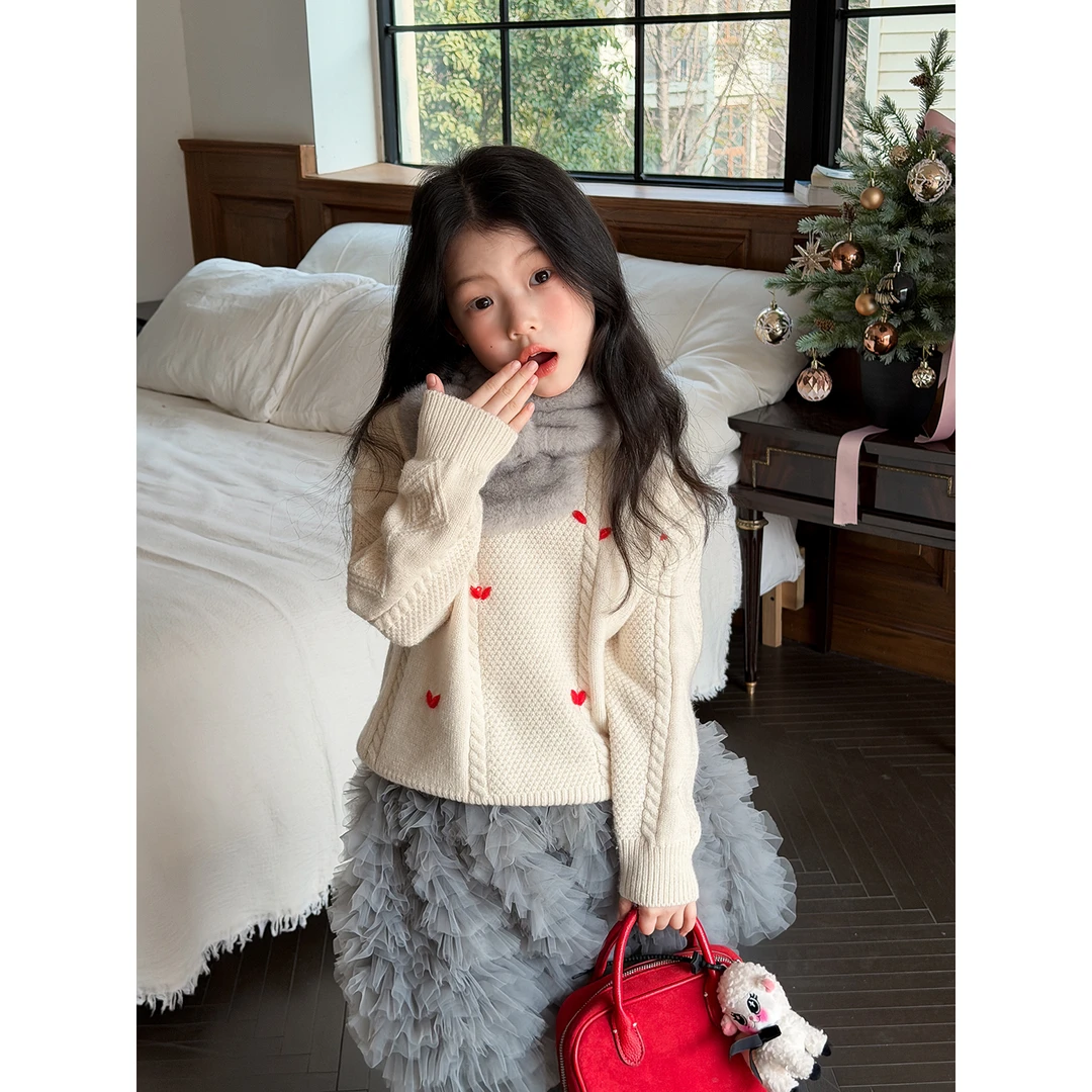 Harper kids 韩版女童慵懒风宽松爱心圆领针织毛衣  H25A181229