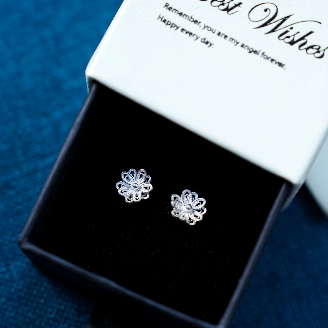 足银耳饰 【福袋专属】足银镂空花丝耳钉百搭民族风