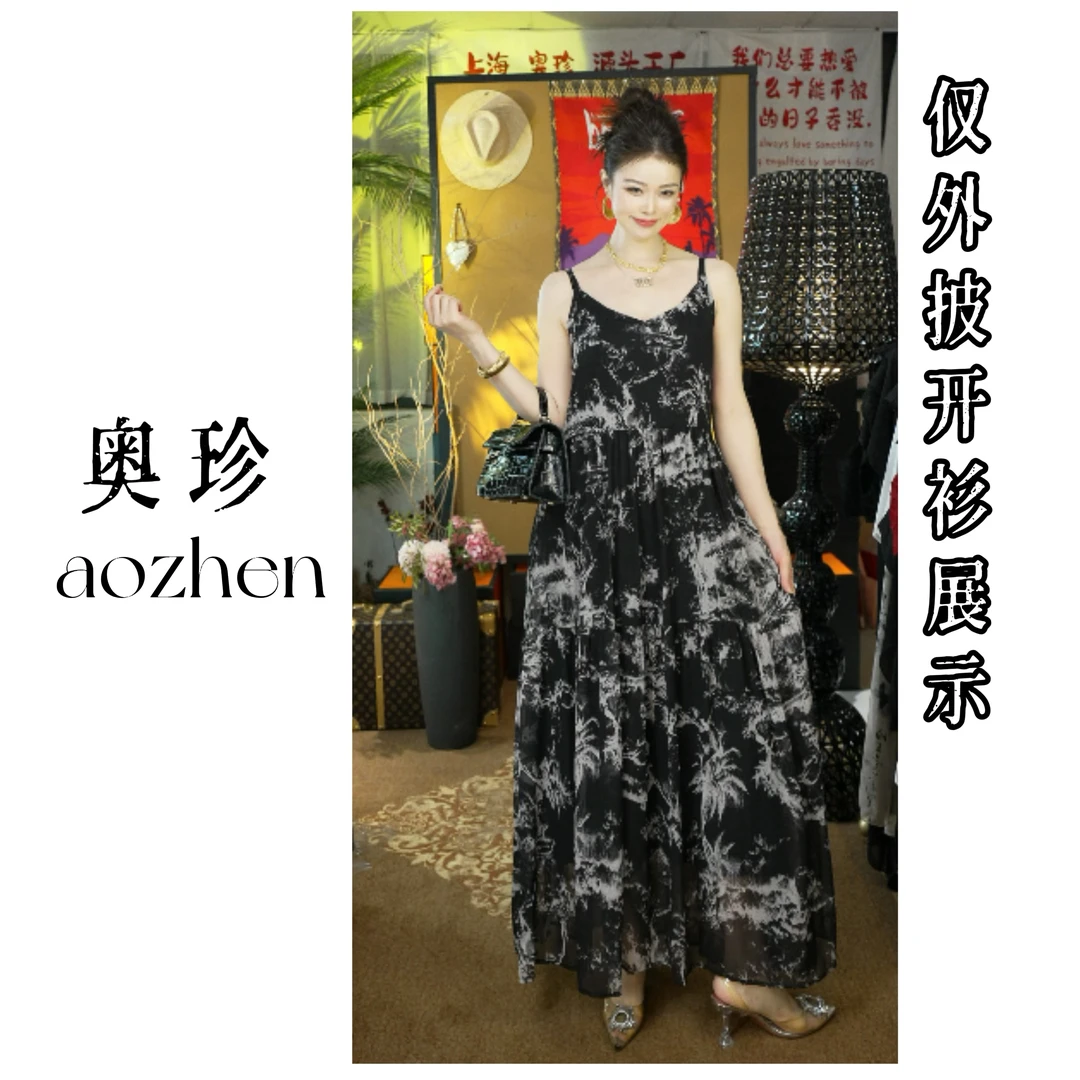 【魔都吊带裙】法式夏季大摆黑色底国风气质显瘦连衣裙