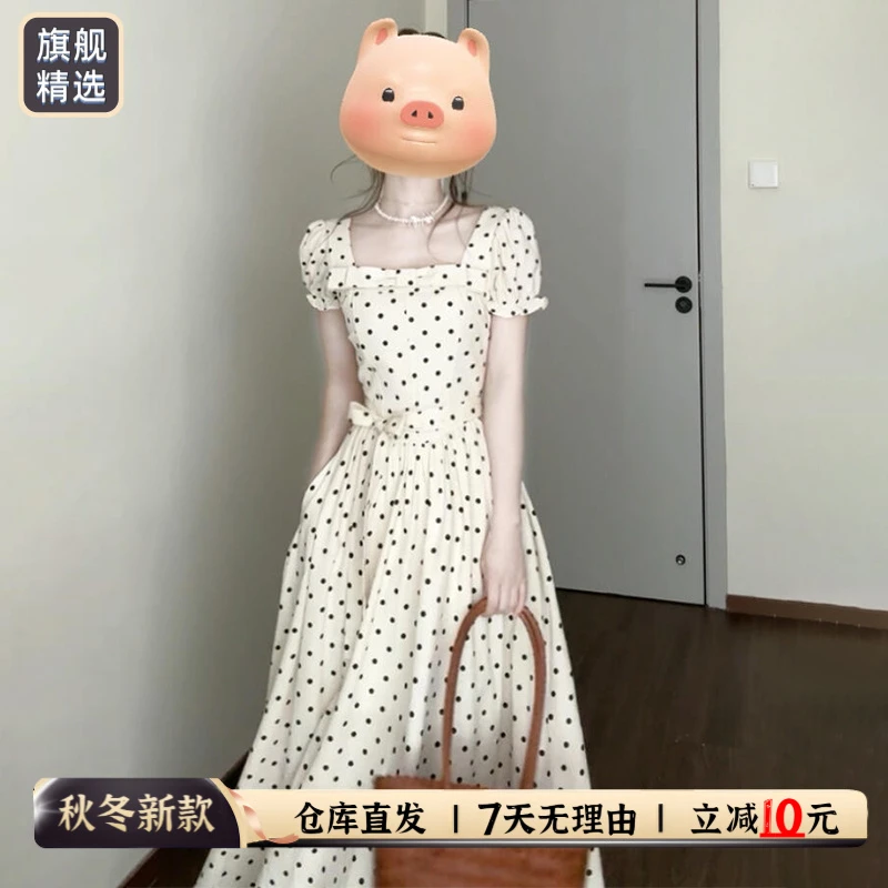 法式气质泡泡袖连衣裙子女装夏季2025新款方领波点收腰长裙小个子