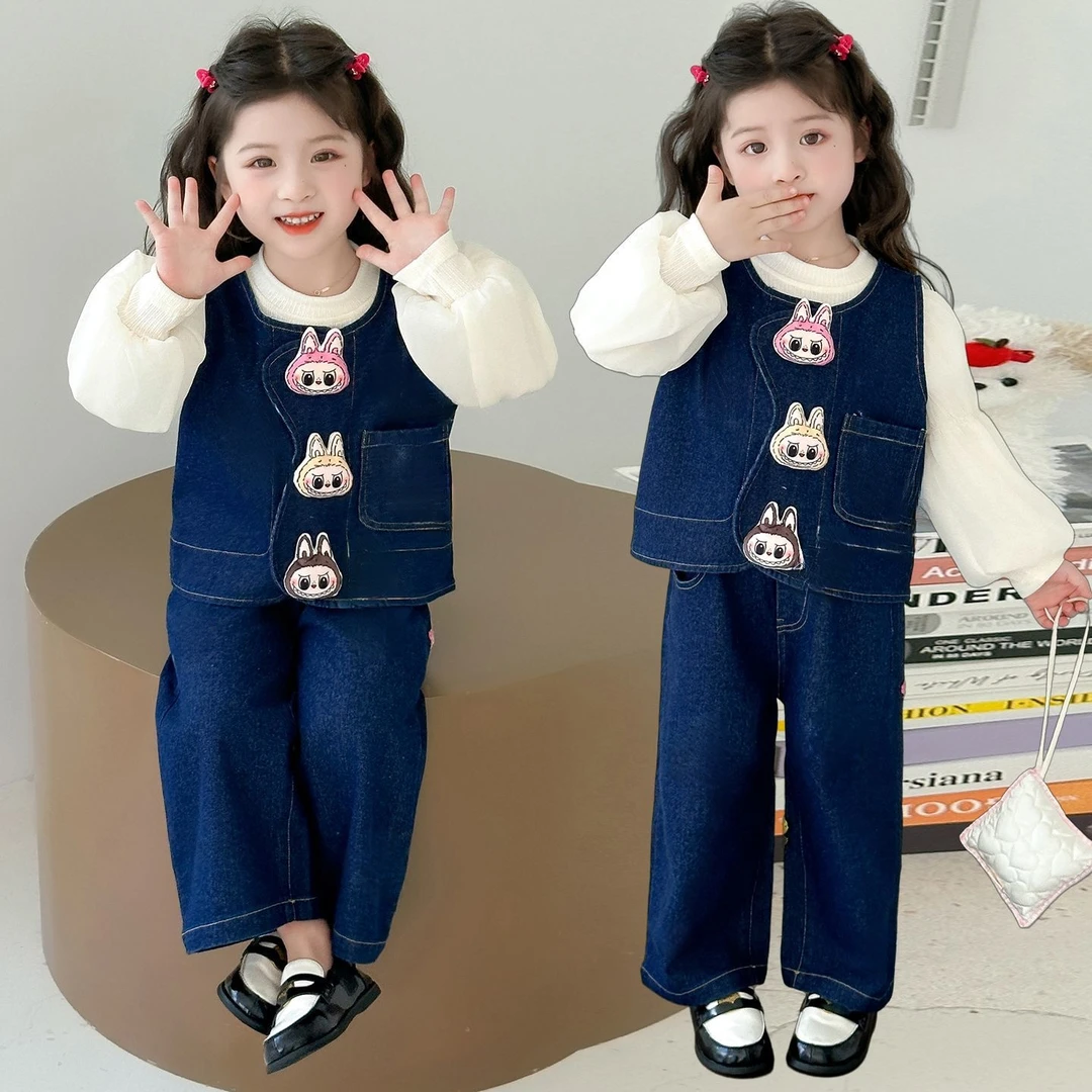 女童秋装套装2025新款洋气时髦巨好看儿童小女孩春秋款牛仔三件套