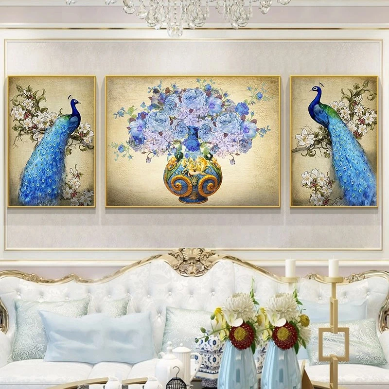 孔雀三联画装饰画客厅沙发背景墙壁画欧式风格