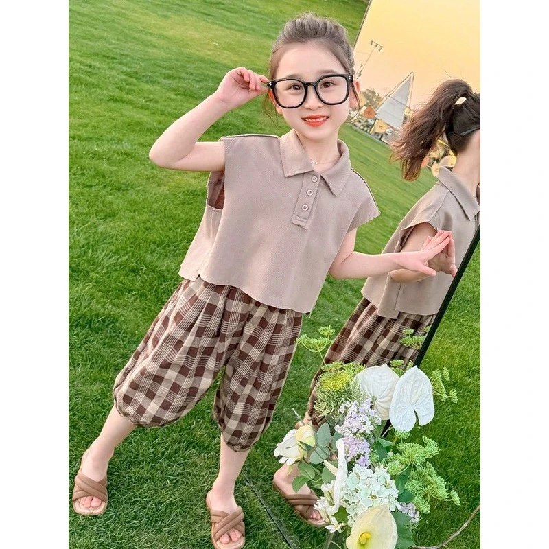 戴维贝拉【断码】女童无袖格子套装夏装2025新款儿童洋气时髦夏款女
