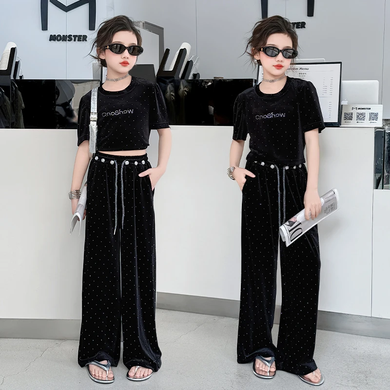 女童套装夏季烫钻薄款中大童2025新款洋气夏装儿童时髦女孩两件套