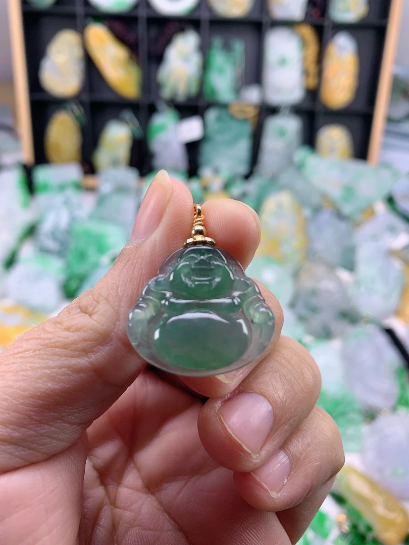 天然A货翡翠冰蓝水佛公吊坠23.8-22.6-3.8