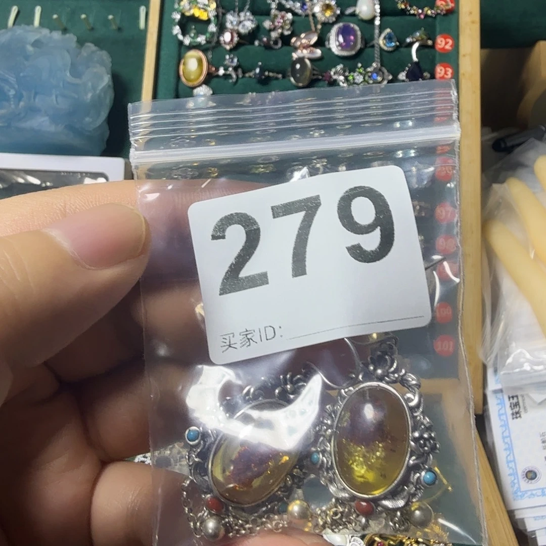 A***A琥珀（花珀）银S925镶嵌耳饰