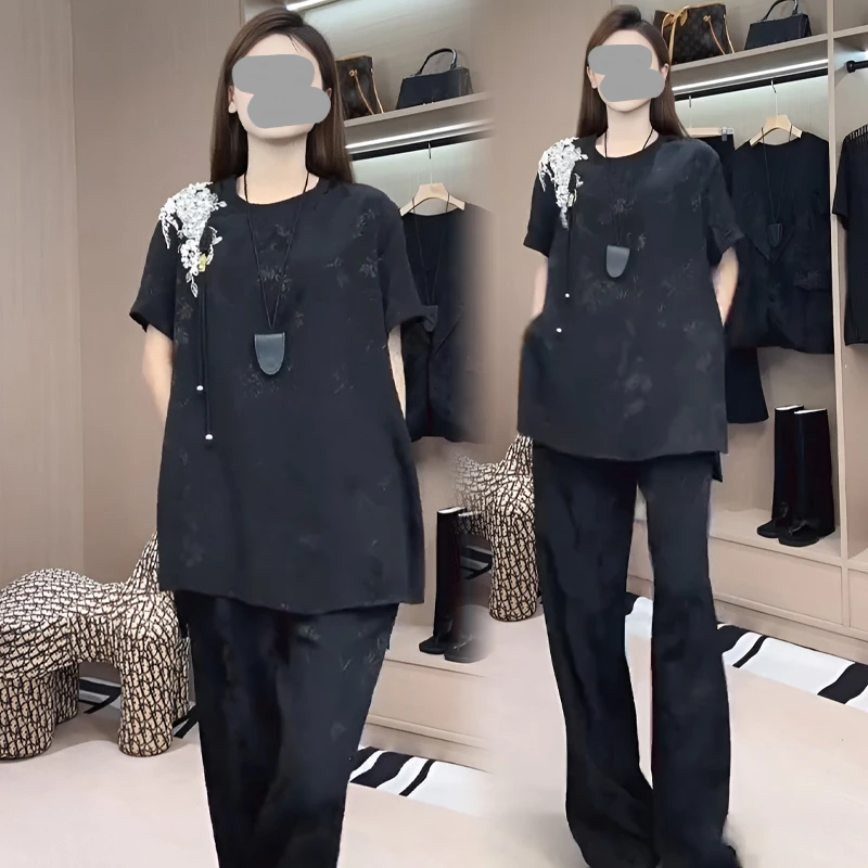 中长款圆领短袖重工钉珠T恤长裤套装女夏宽新款时尚松显瘦两件套