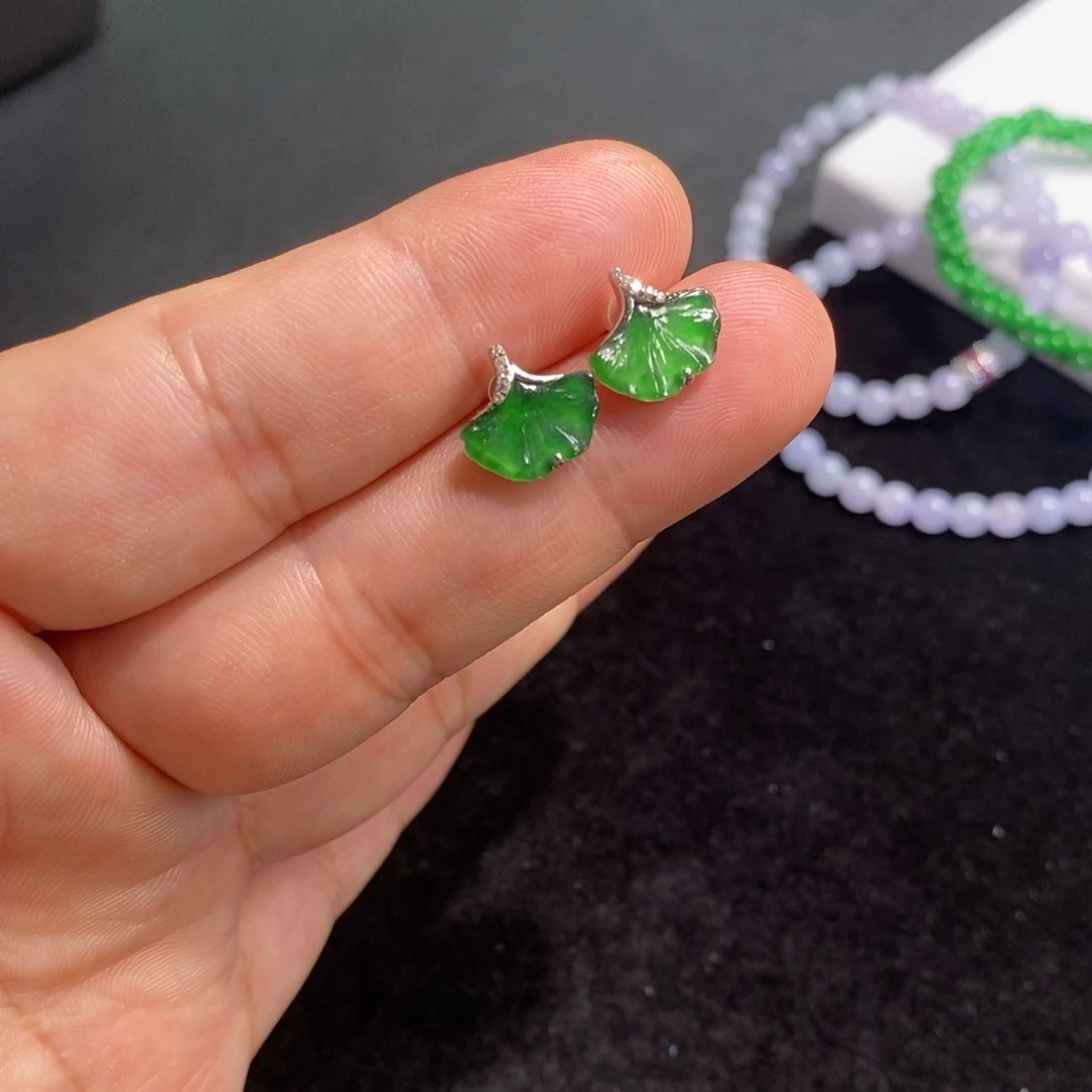 翡翠银S925镶嵌耳钉银杏耳钉