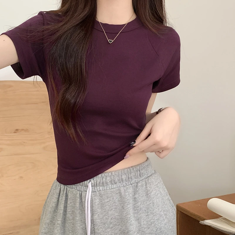 紫色美式复古小飞袖短袖恤女夏季高腰修身显瘦辣妹短款法式上衣