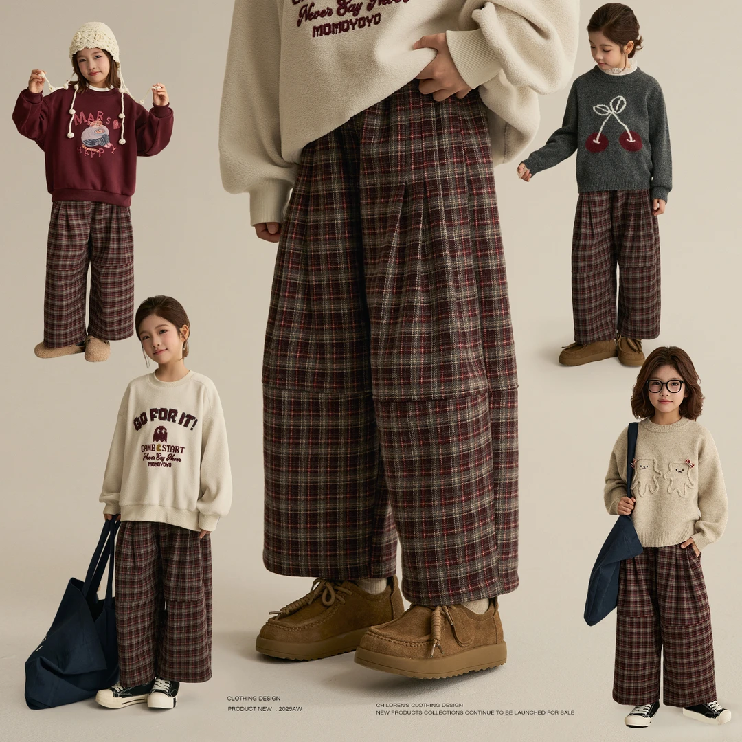 辰辰妈【暖序】女童复古撞色格子休闲裤长裤儿童宽松保暖9分裤8914D