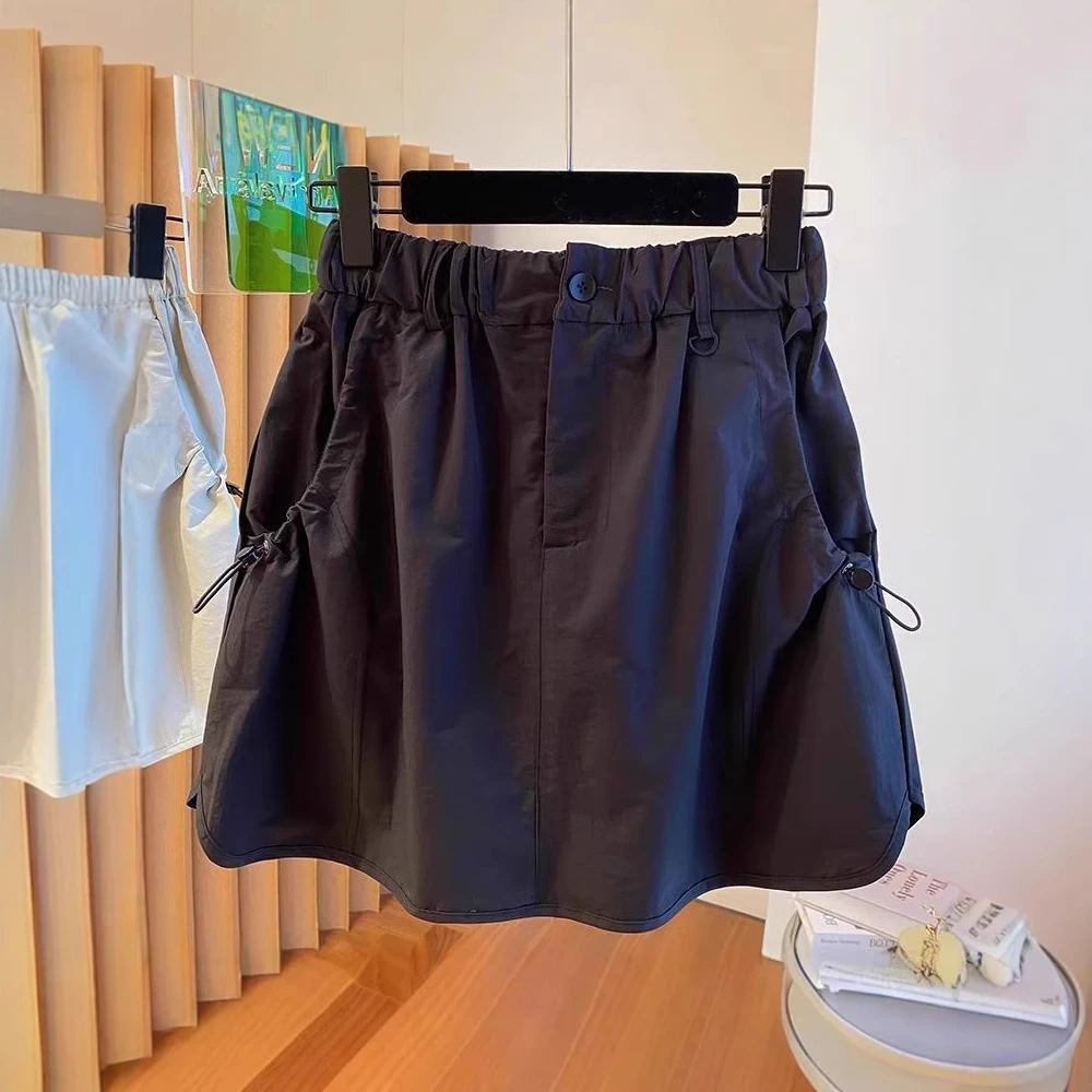 大码山本工装黑色半身短裙女夏季胖显瘦字遮肚小个子包臀半裙