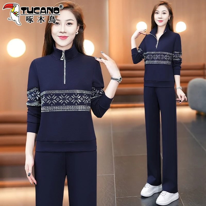 啄木鸟半拉链卫衣运动服套装女2025年新款时尚洋气中年女士两件套