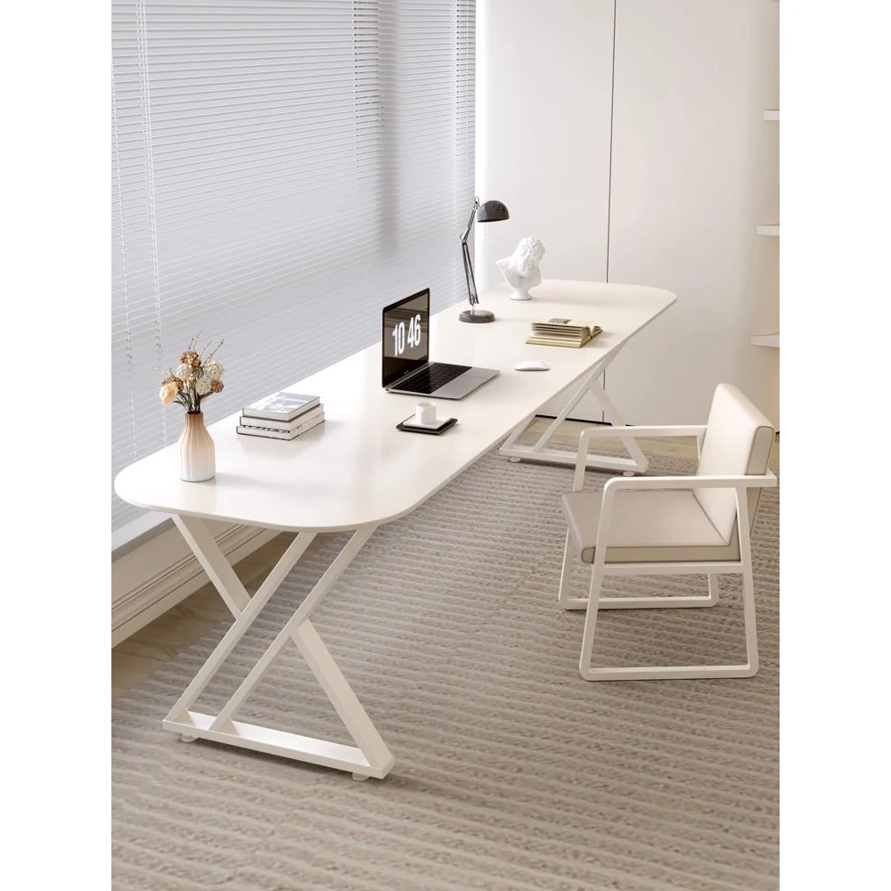 喜欢白色简约风双人岩板办公桌家用小户型电脑书桌长条可折叠美式