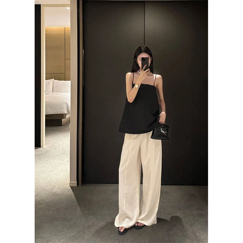 一整套ootd穿搭小众设计感百搭黑色吊带背心女白色高腰阔腿裤套装