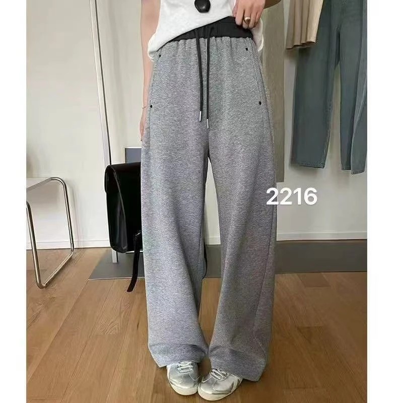 春款撞色腰头可束脚宽松直筒休闲裤2216