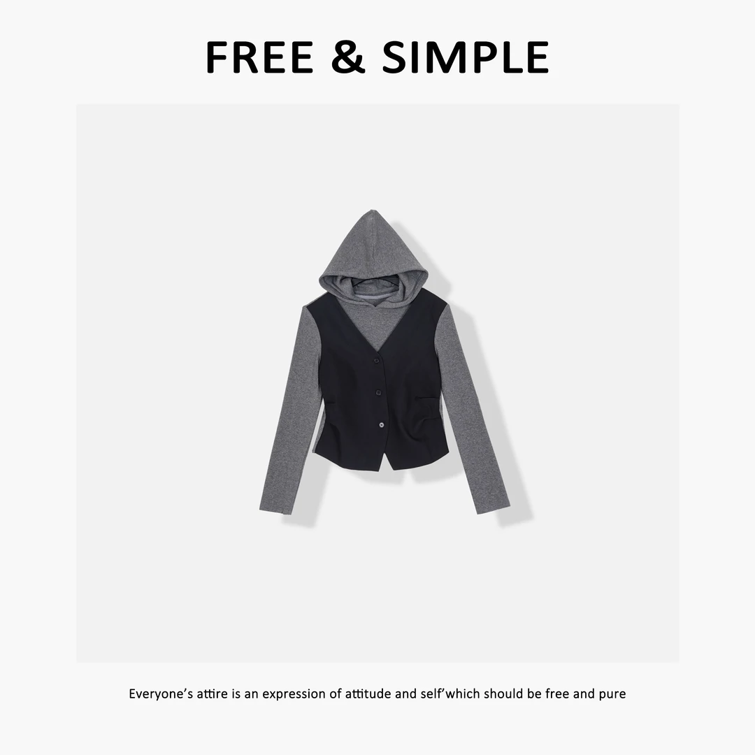 Free&Simple-‘南巷的秋’早秋款极简风小众感假两件套带帽衫- 7920