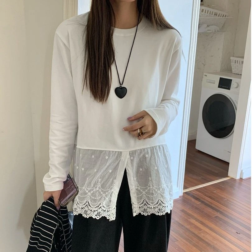 韩系设计感蕾丝拼接加厚叠穿神器洋气磨毛打底衫长袖T恤上衣白女