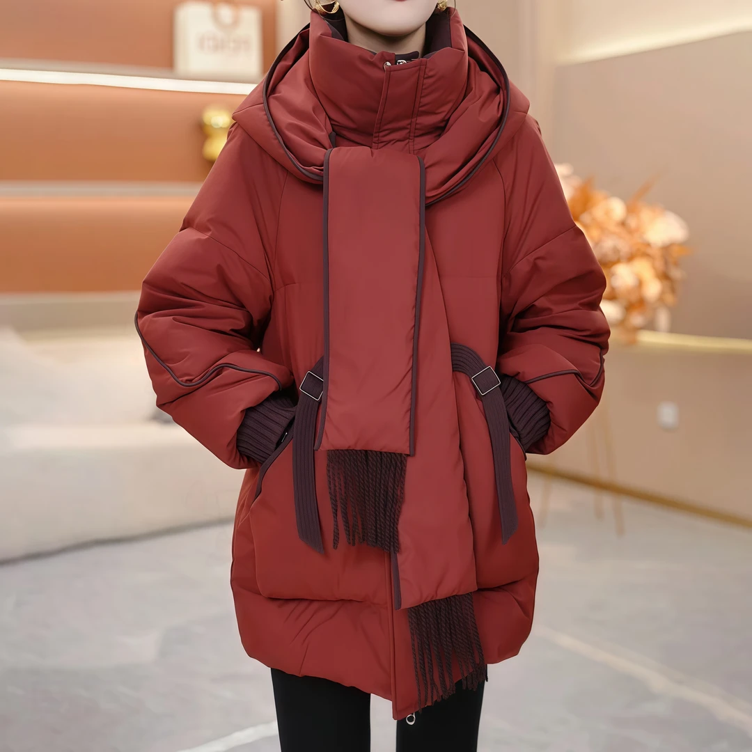 冬季女士羽绒服新款2025爆款洋气时尚围巾连帽白鸭绒加厚保暖宽松